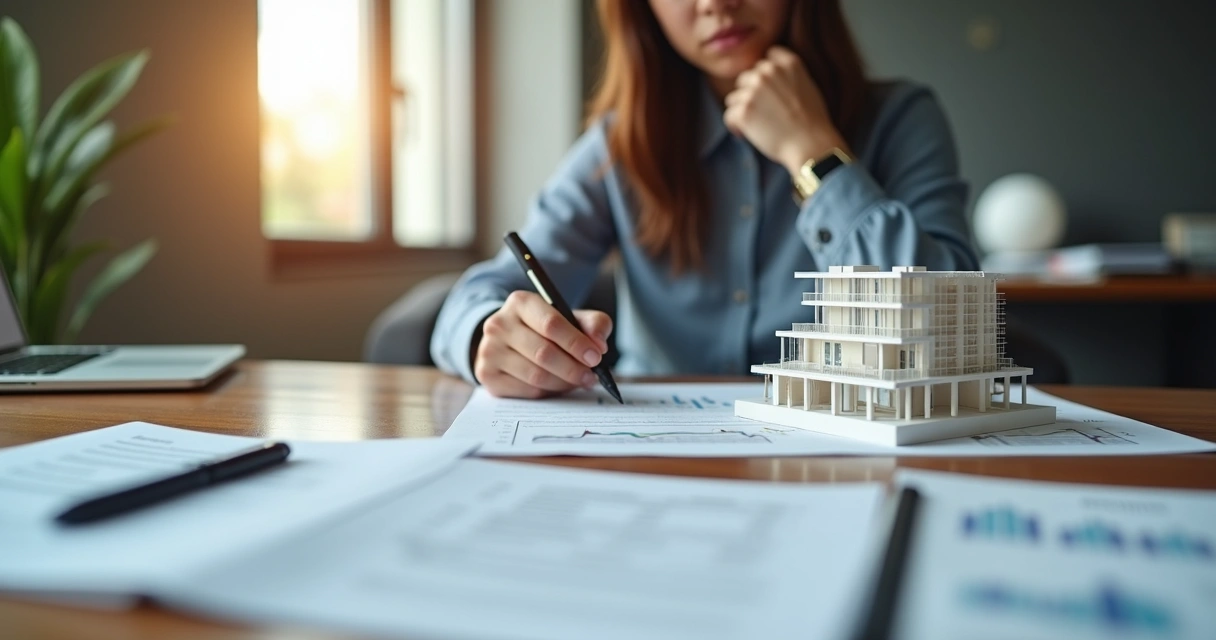 Pessoa preocupada analisando documentos e um contrato imobiliário sobre mesa com plantas e maquete de construção suspensa 