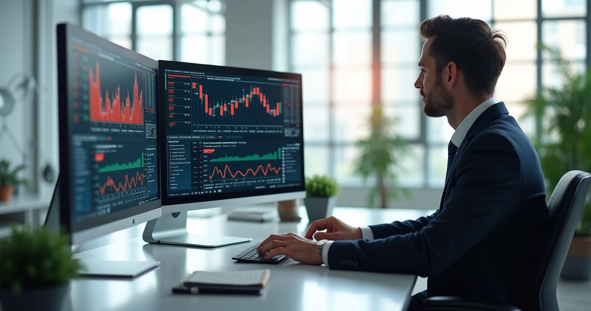 Pessoa vestida formalmente analisando gráficos financeiros em tela de computador em escritório moderno