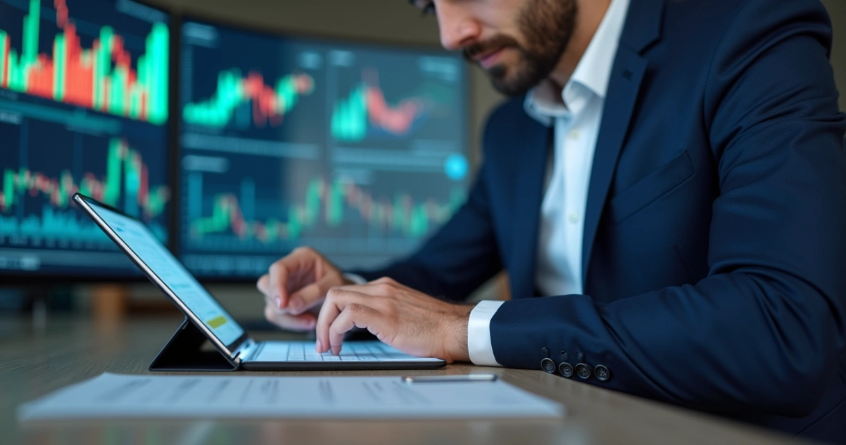 Homem de terno analisando gráficos financeiros em um tablet, com gráficos coloridos e tabelas ao fundo