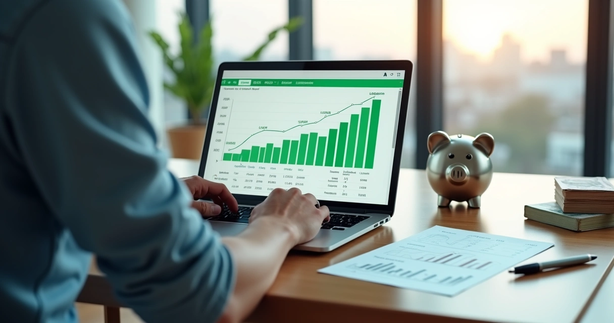 Pessoa analisando investimentos de renda fixa em notebook com gráficos e cofre ao lado 