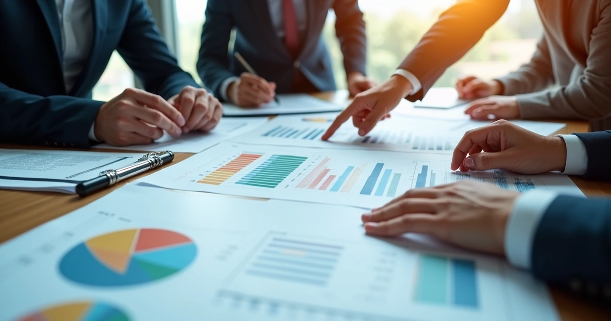 Reunião de investidores com relatórios e gráficos na mesa 