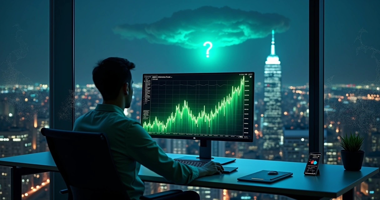 Investidor observando gráfico do S&P 500 em forte alta com nuvem de risco à frente 