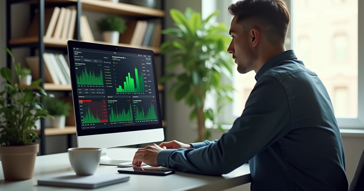 Investidor analisando gráficos de investimentos em laptop moderno 