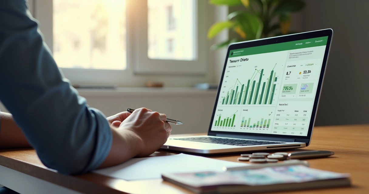 Pessoa analisando investimentos do Tesouro Direto no notebook com gráficos e moedas 