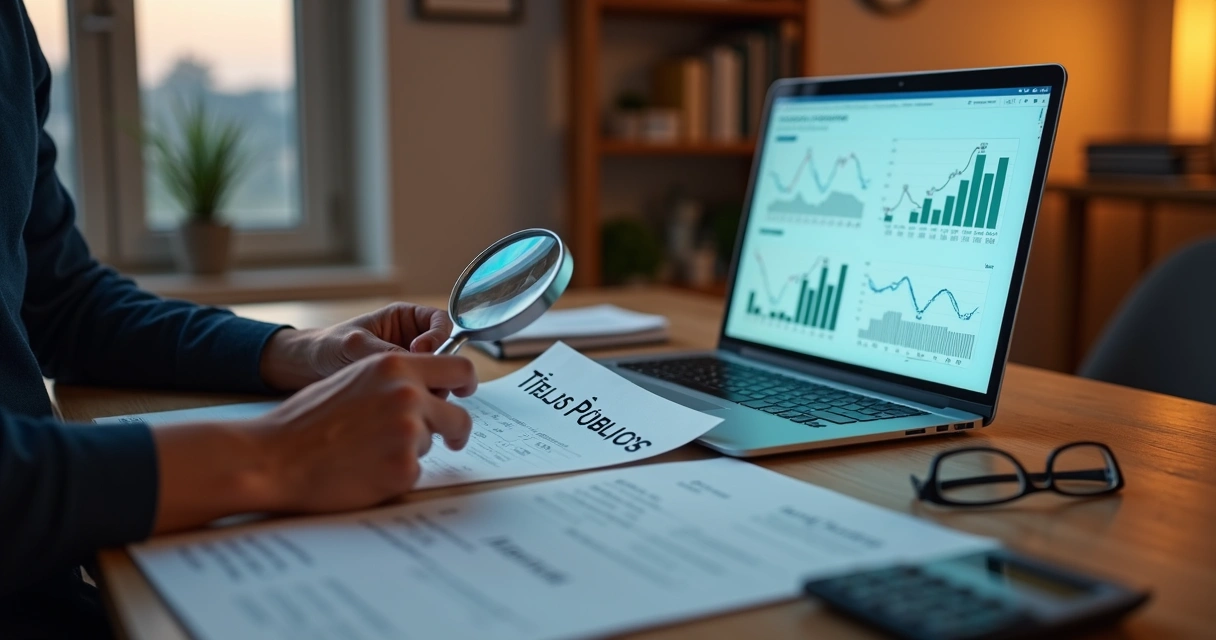 Pessoa analisando títulos públicos em laptop com gráficos e documentos destacados 