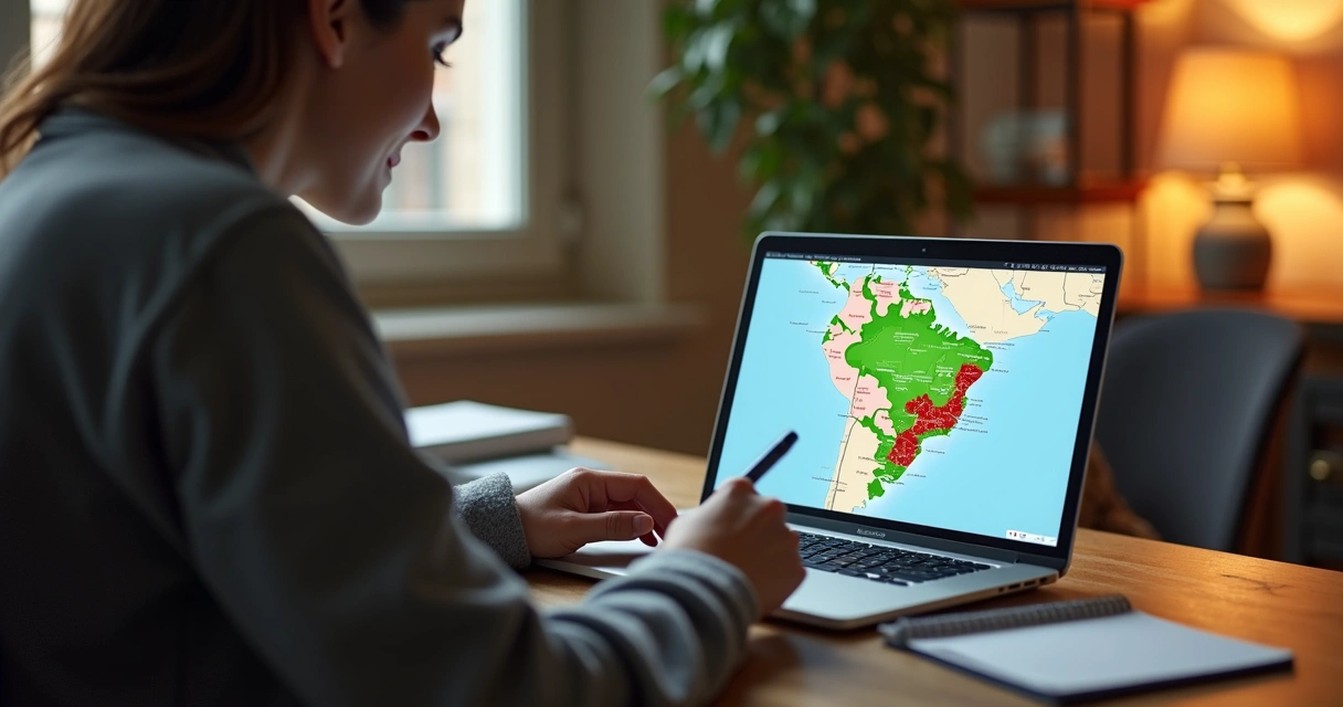 Pessoa analisando um mapa digital de imóveis no notebook em ambiente doméstico 