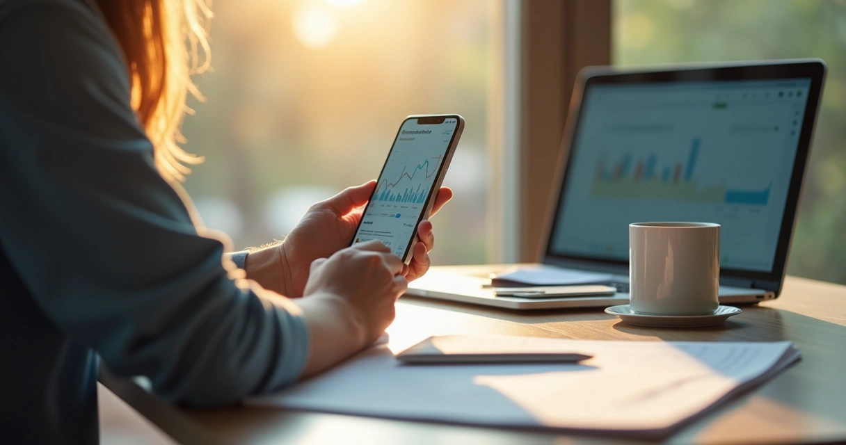 Pessoa olhando smartphone em mesa com gráficos financeiros 