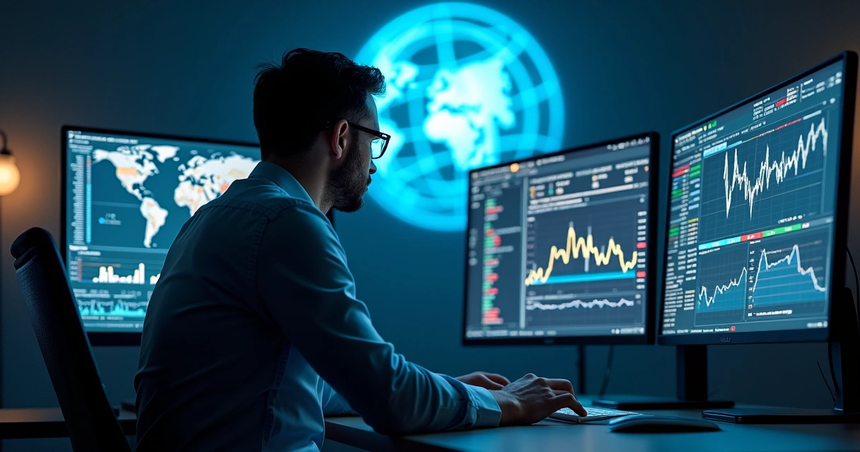 Investidor analisando gráficos financeiros em múltiplas telas com indicadores e mapas globais 