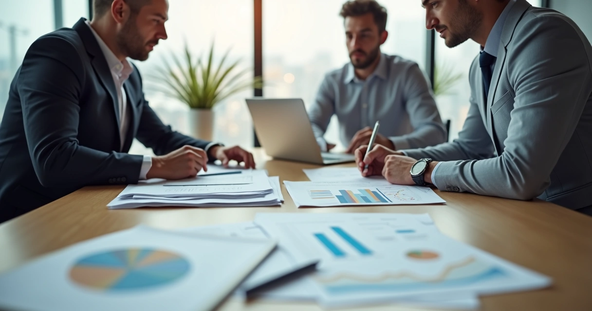 Grupo de investidores analisando contratos e documentos em uma sala de reuniões 