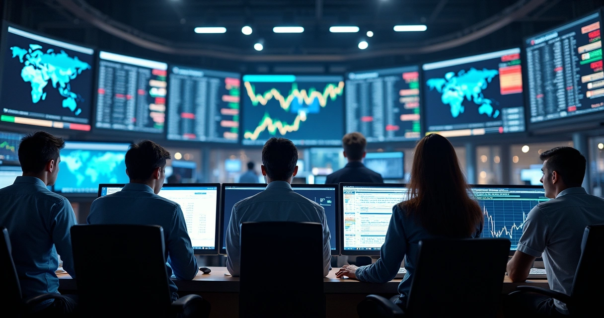 Investidores atentos a notícias em telões do mercado financeiro global 