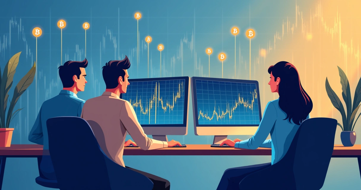 Investidores analisando gráficos em computadores com gráficos de Bitcoin atrás.
