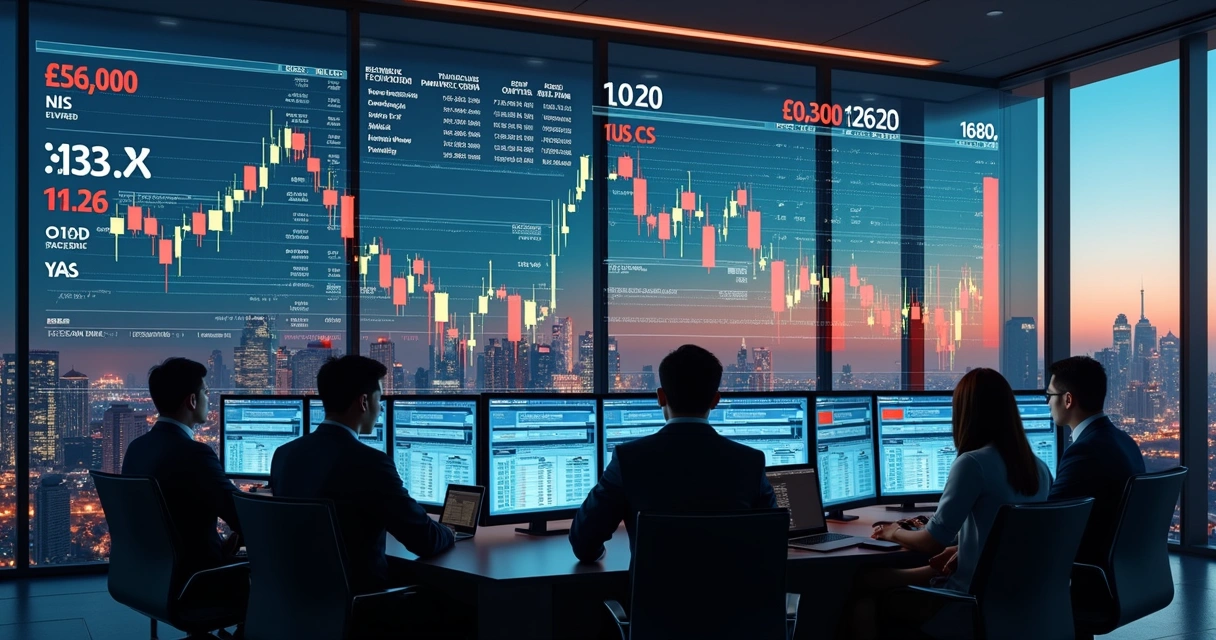 Investidores analisando gráficos financeiros em telas digitais com índices chineses de ações em destaque 