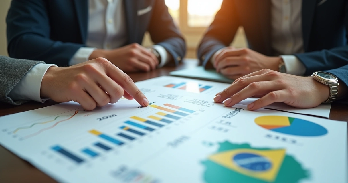 Duas pessoas discutindo opções financeiras com gráficos ao fundo