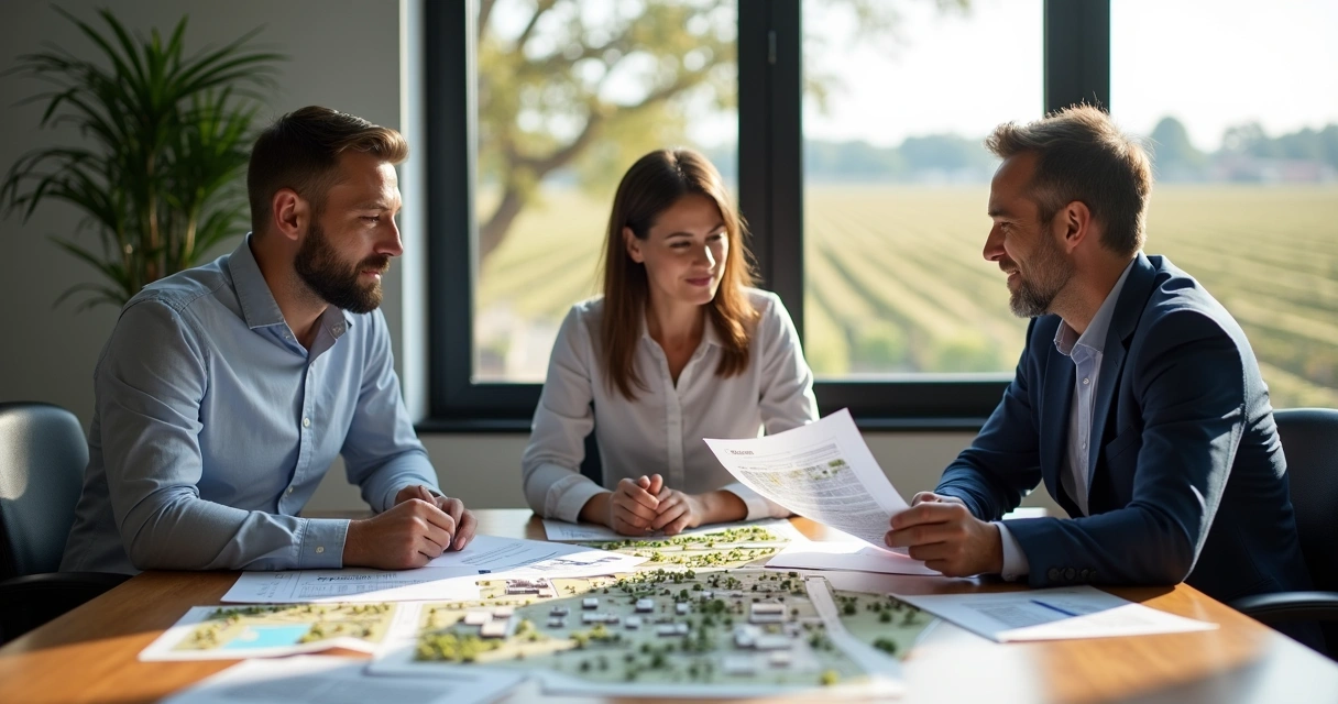 Grupo de investidores discute projeto solar rural em mesa com maquetes 