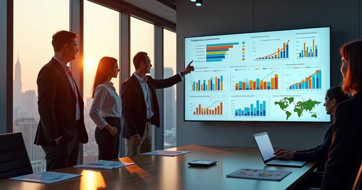 Grupo de investidores analisando gráficos de franquias em tela grande em escritório moderno 