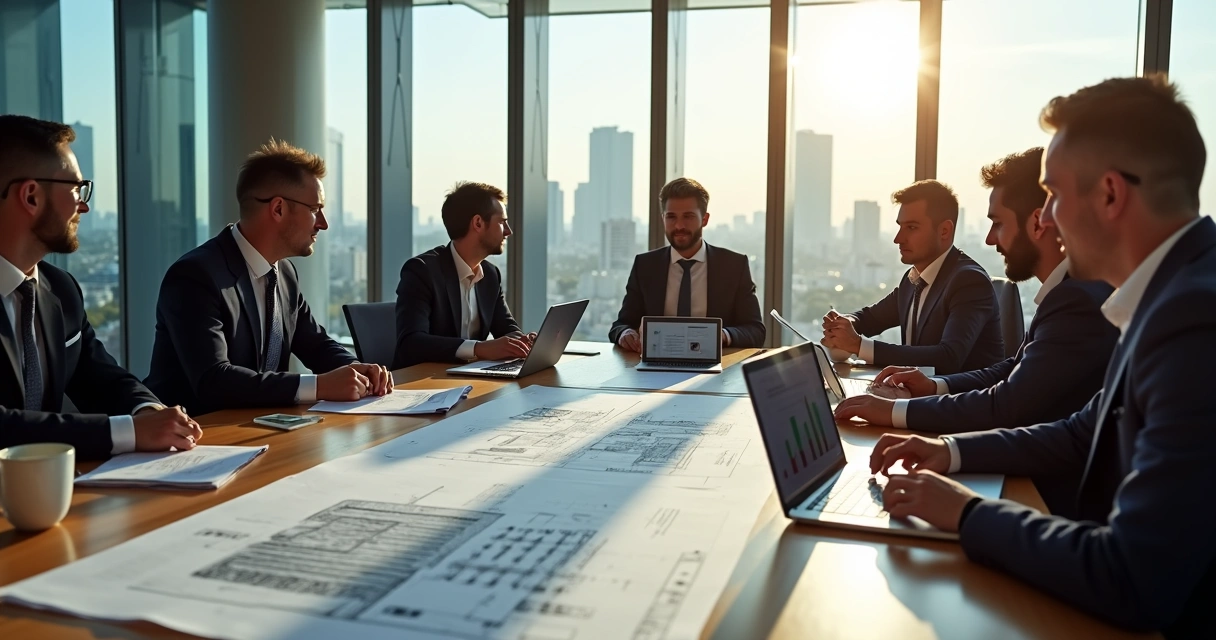 Investidores e incorporadores discutindo detalhadamente contratos e plantas em sala de reuniões 