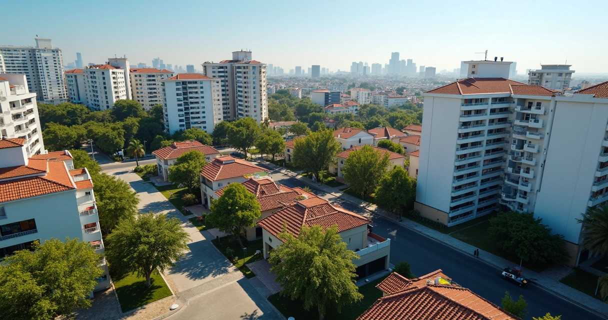 Vista aérea de bairros residenciais de Porto Alegre com prédios e casas, destacando imóveis para aluguel 