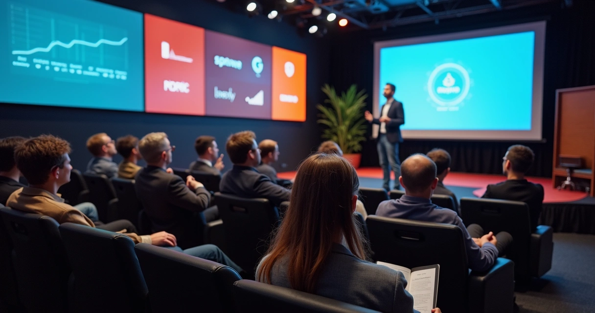 Investidores assistindo apresentação de startup em auditório 