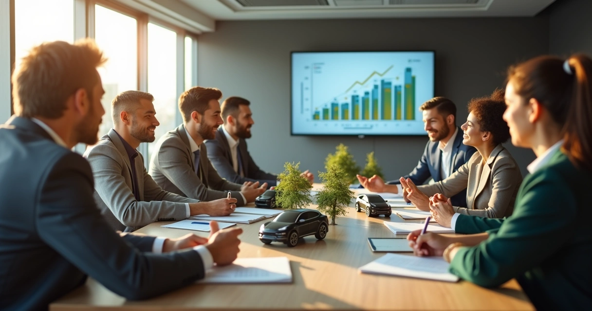Investidores reunidos discutindo carros elétricos e energia solar 