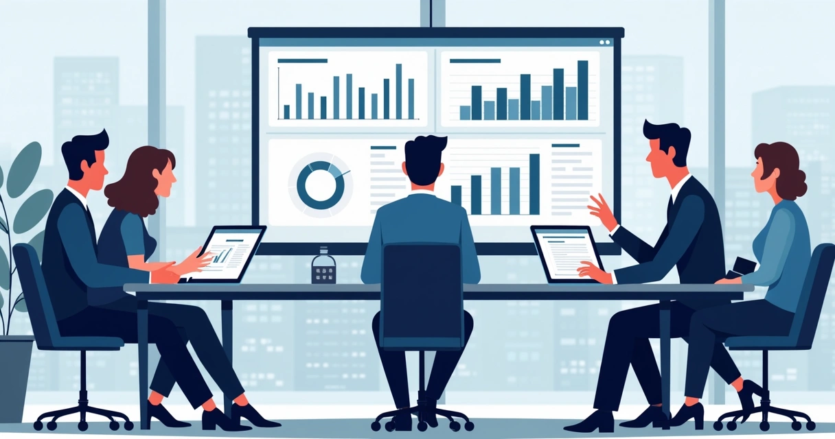 Grupo de investidores analisando slides de apresentação. 
