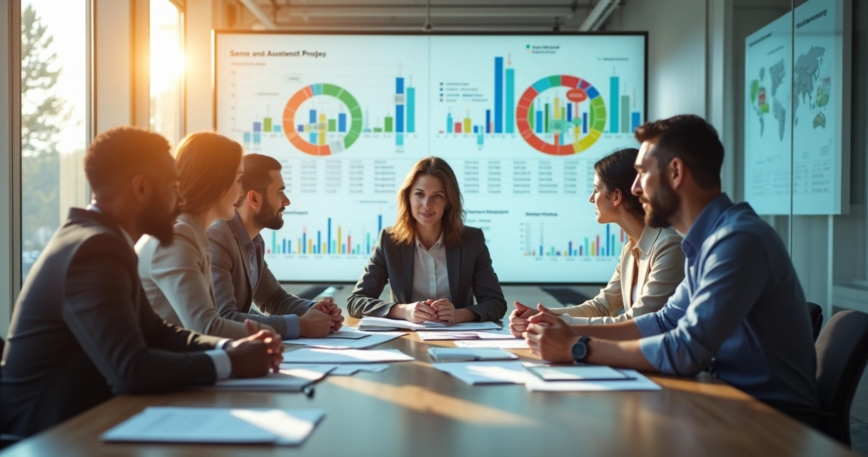 Grupo de investidores analisando gráficos e discutindo opções financeiras em uma sala de reunião. 