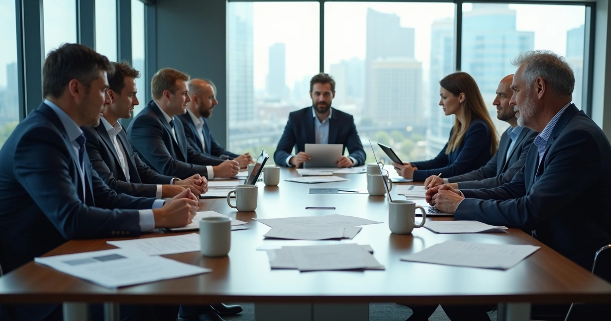 Investidores reunidos em sala de reuniões discutindo contratos 