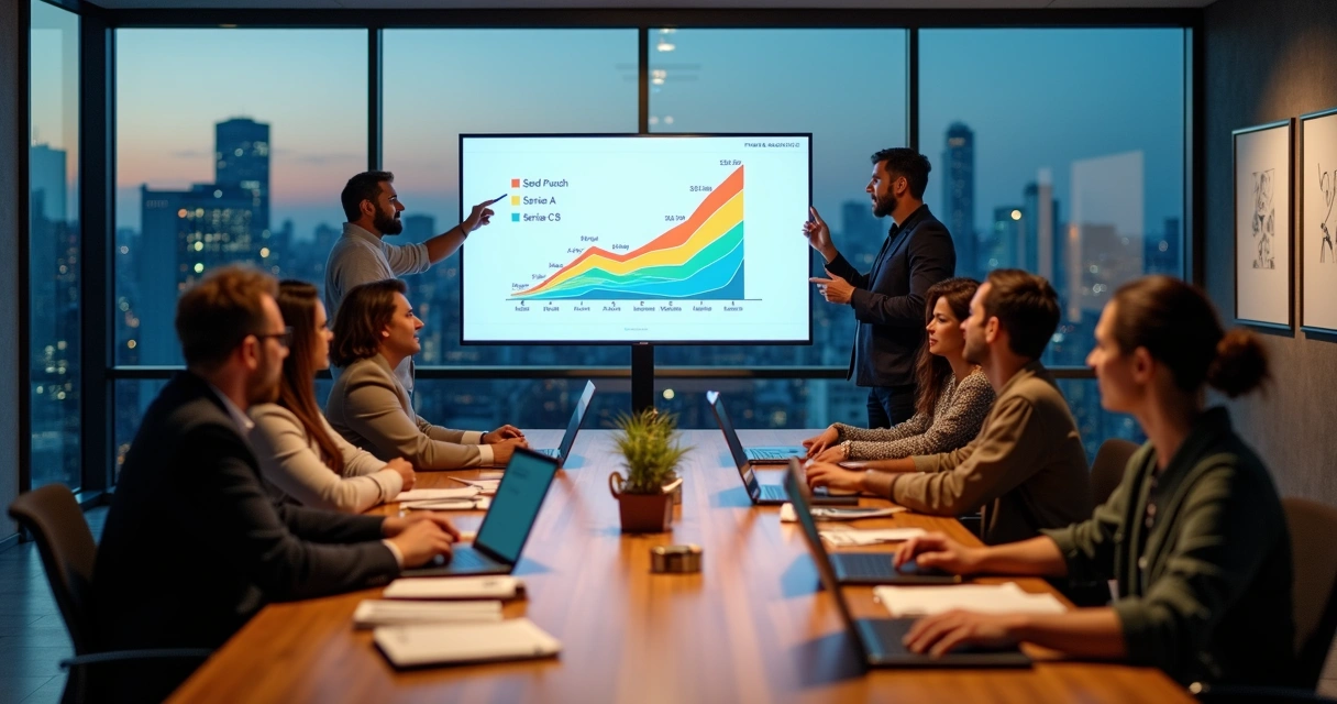 Investidores de venture capital reunidos com fundadores de startup em escritório moderno 