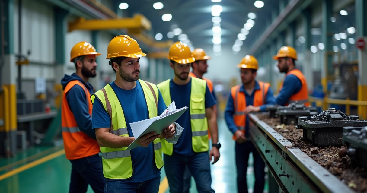 Profissionais analisam local de acidente em ambiente industrial, com pranchetas e EPI 