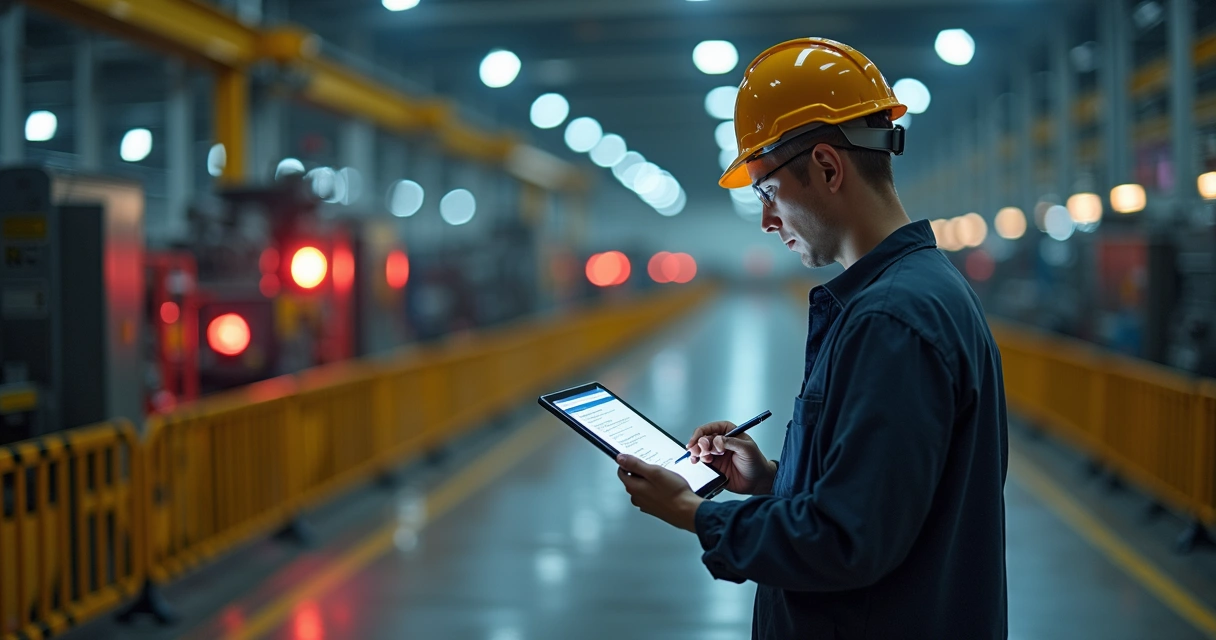 Técnico inspecionando área de acidente industrial com checklist digital em mãos 