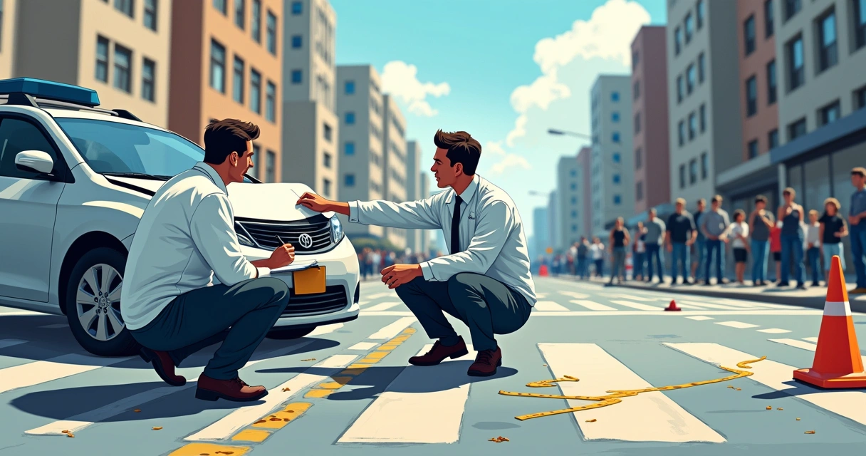 Peritos analisando local de acidente de trânsito com papéis e instrumentos 