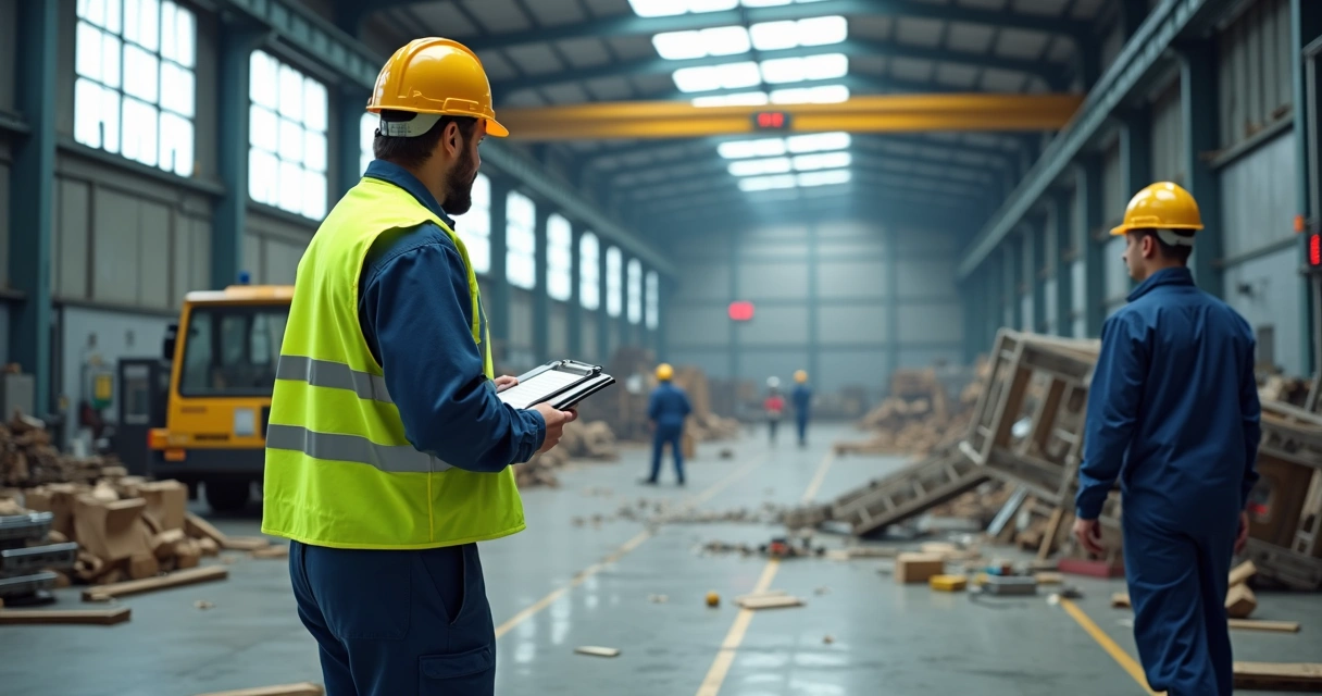 Engenheiro de segurança analisando cenário de acidente em indústria com equipamentos de proteção 