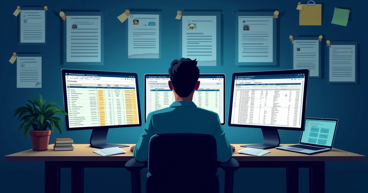 Investidor analisando dados digitais para localizar bens 