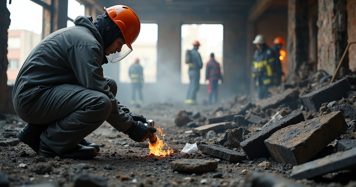Perito analisando área de incêndio com equipamentos modernos 