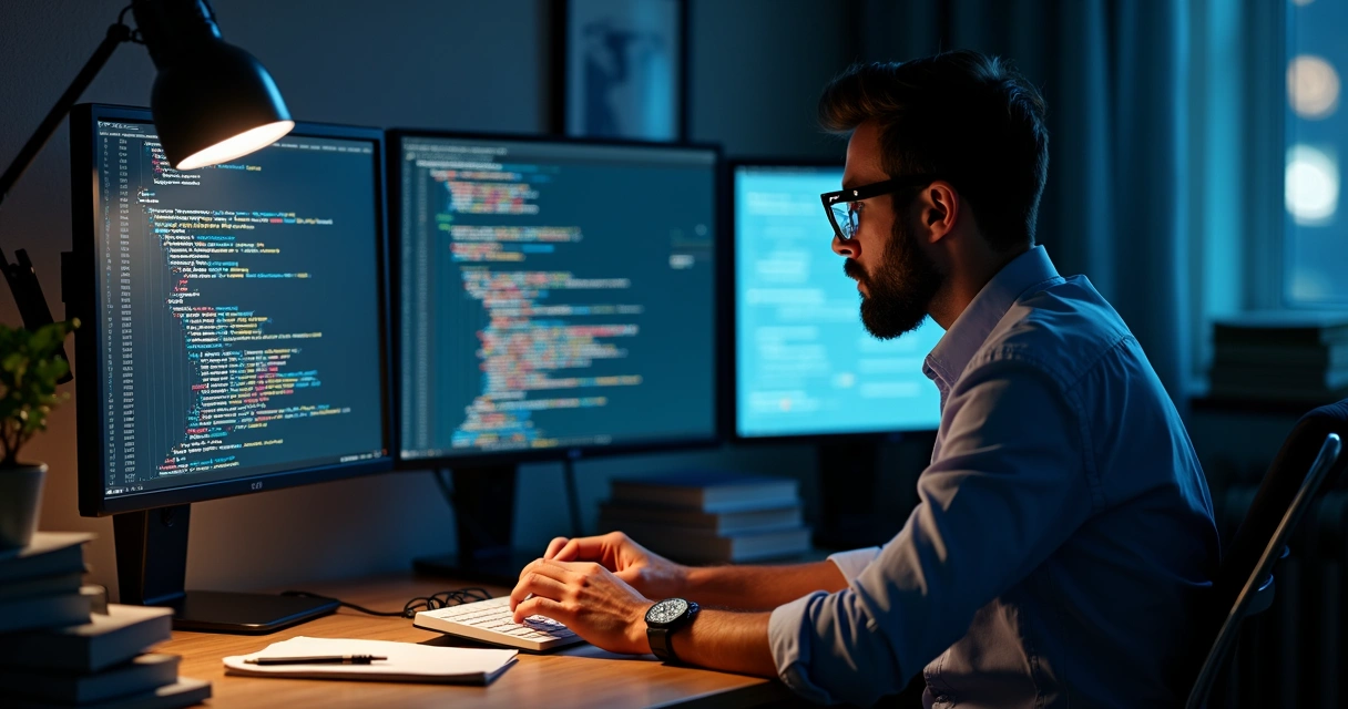 Perito analisando código-fonte em dois monitores 