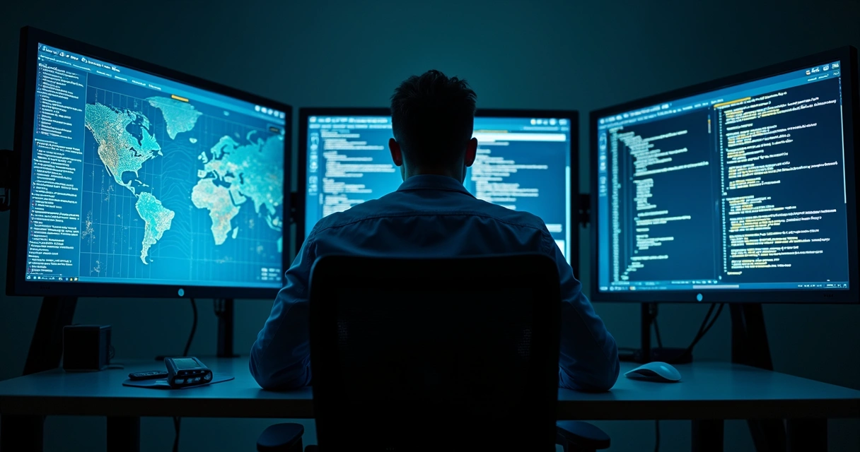 Investigador diante de telas com rastreamento digital 