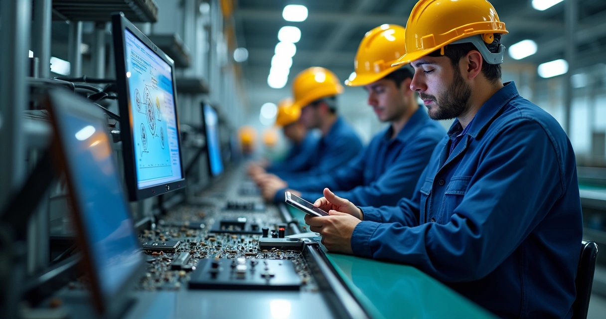 Equipe reunida ao redor de esteira analisando componentes 