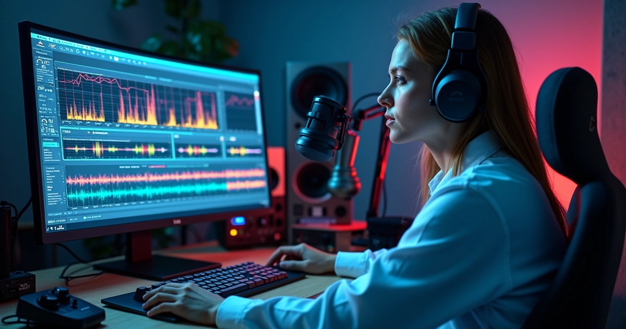 Especialista em laboratório realizando perícia em gravação de áudio digital 