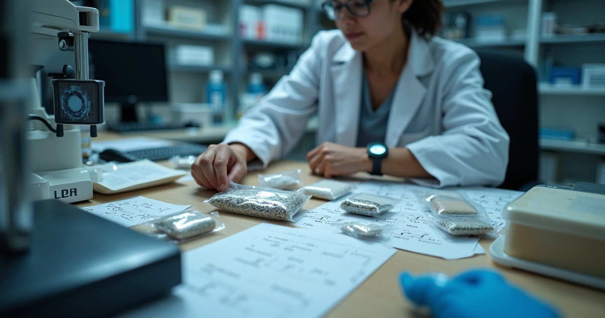 Investigador analisando provas de drogas e equipamentos forenses 