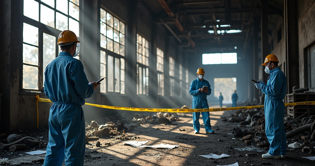 Equipe pericial examinando local de incêndio em uma fábrica 