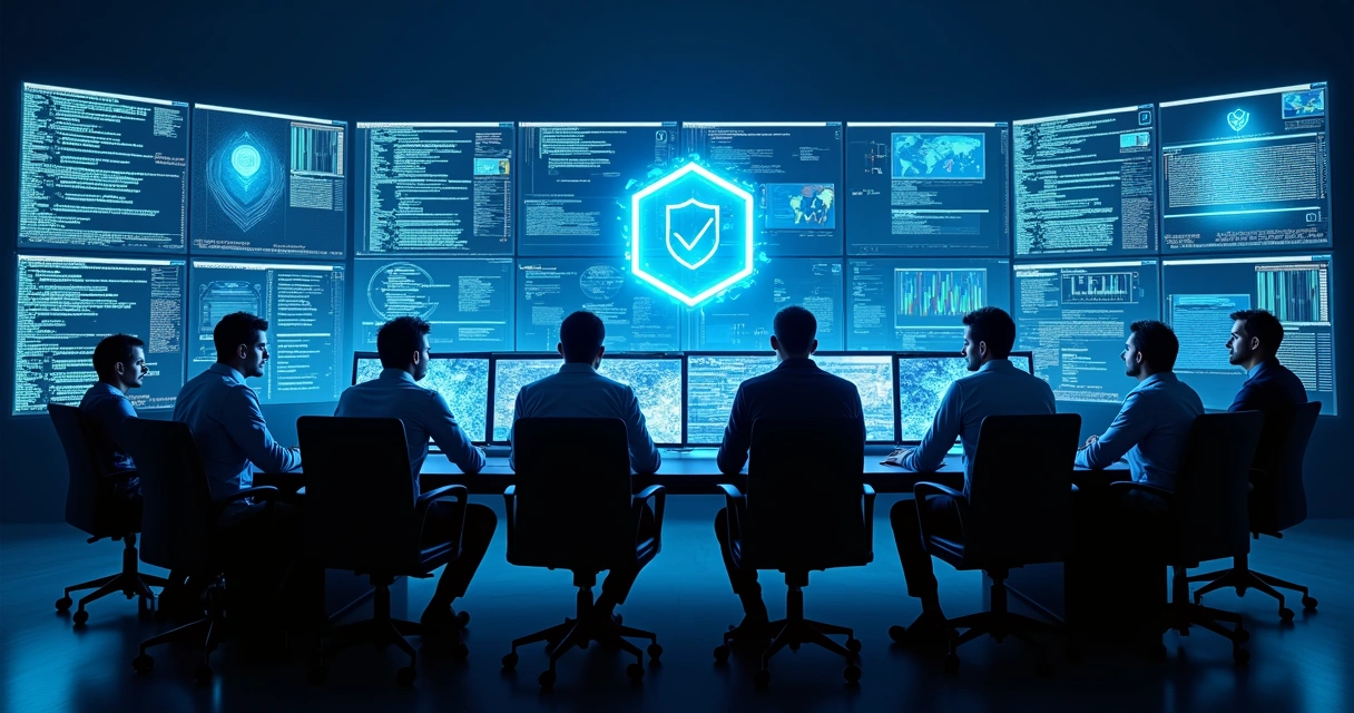 Equipe de TI diante de telas analisando dados de segurança 