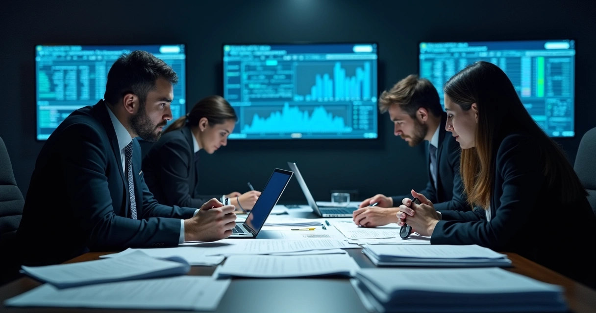 Equipes analisando documentos financeiros com lupa em uma sala escura