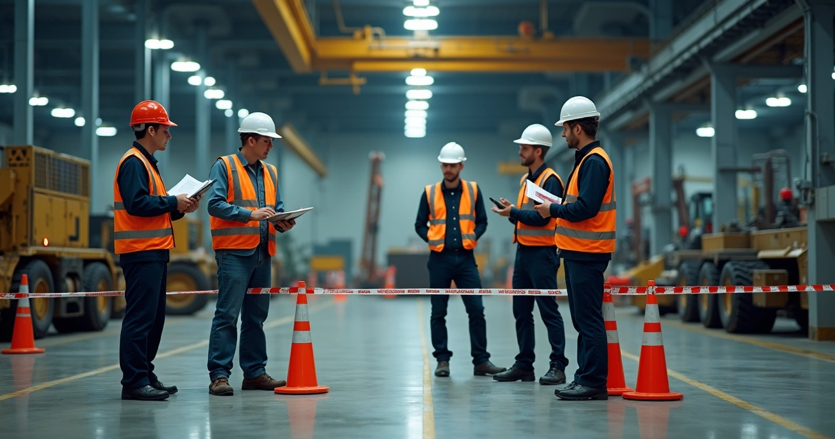 Equipe de segurança inspeciona local de acidente de trabalho, com sinalização e equipamentos de proteção individual