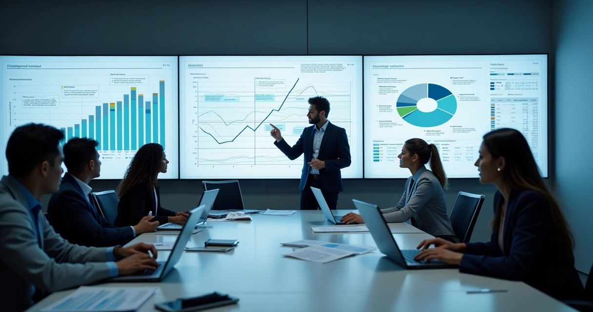 Equipe de auditoria reunida analisando processos contábeis em telas e documentos