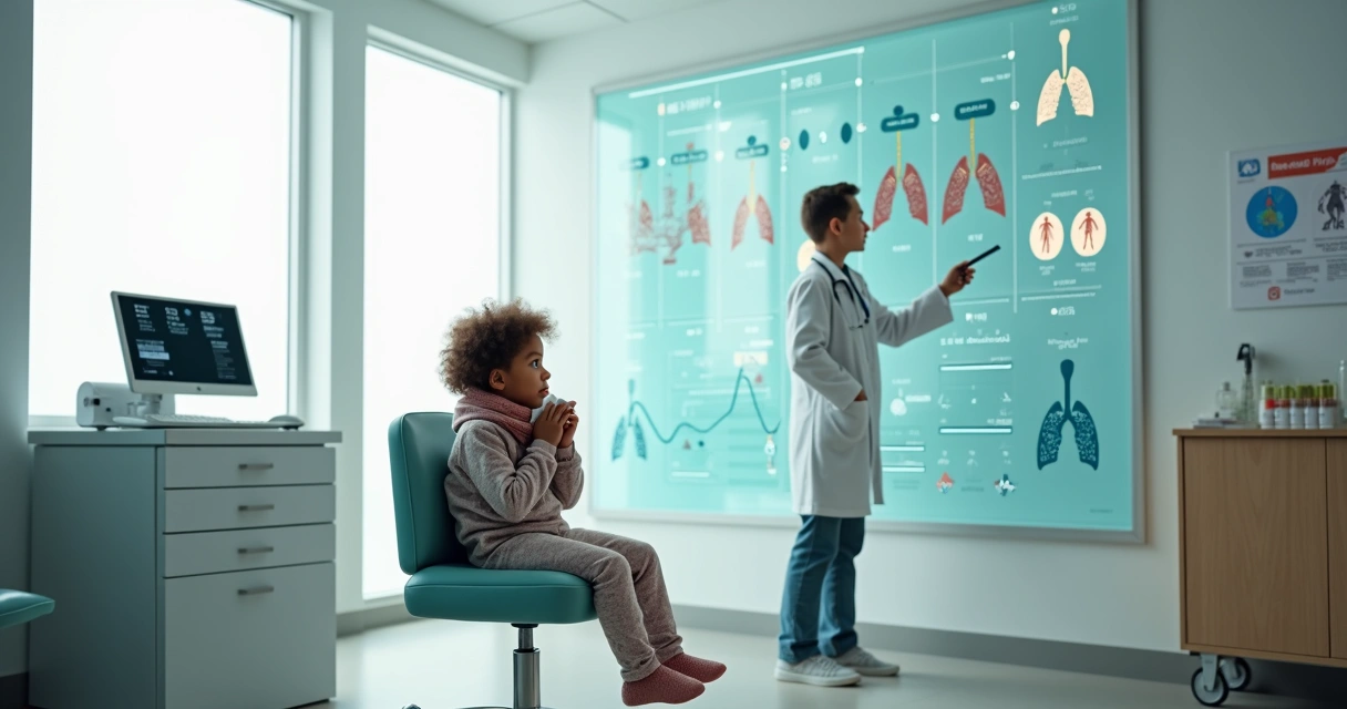 Pediatra analisa gráficos de saúde ao lado de criança gripada em consultório 