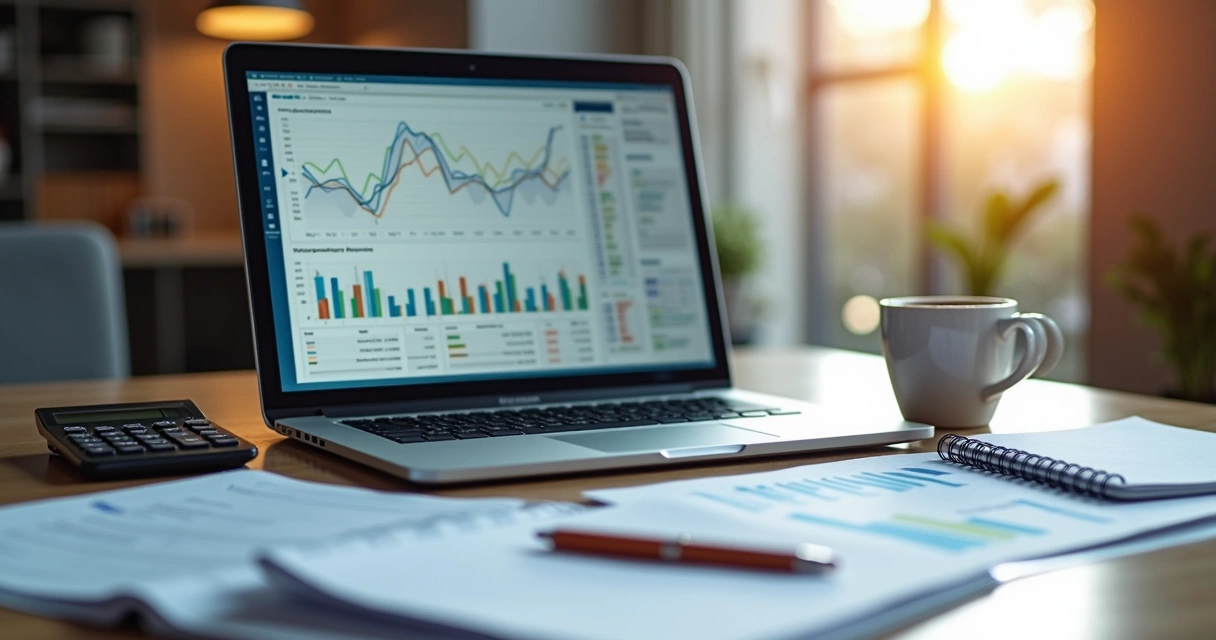 Mesa de escritório com laptop exibindo gráficos financeiros, calculadora, anotações e copo de café 