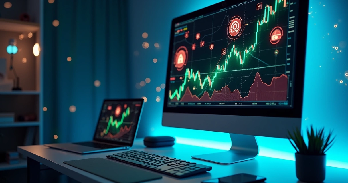 Tela de computador exibindo gráficos financeiros e ícones de automatização de investimentos com fundo tecnológico 