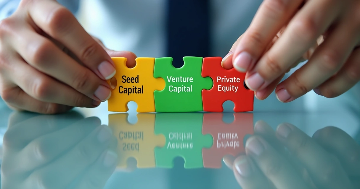 Mão segurando peças de quebra-cabeça representando diferentes estágios de investimento em empresas privadas. 