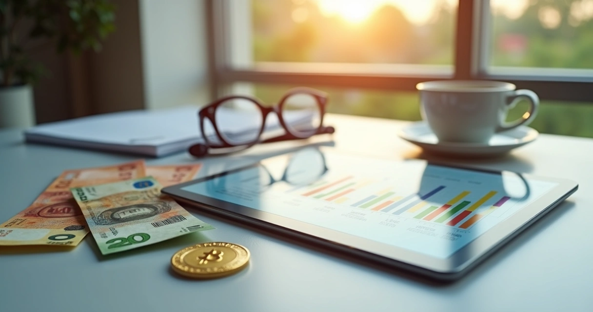 Conceito visual de investimentos financeiros com notas, gráficos e moeda em fundo claro 