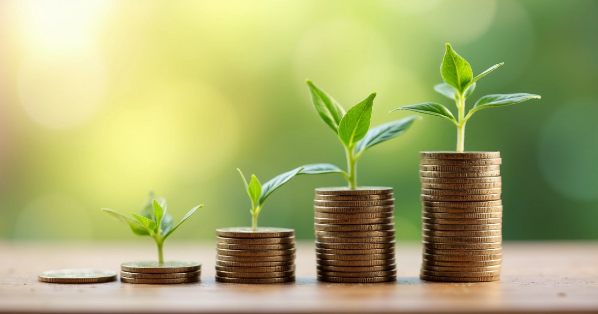 Moedas crescendo em pilhas ao lado de planta verde 