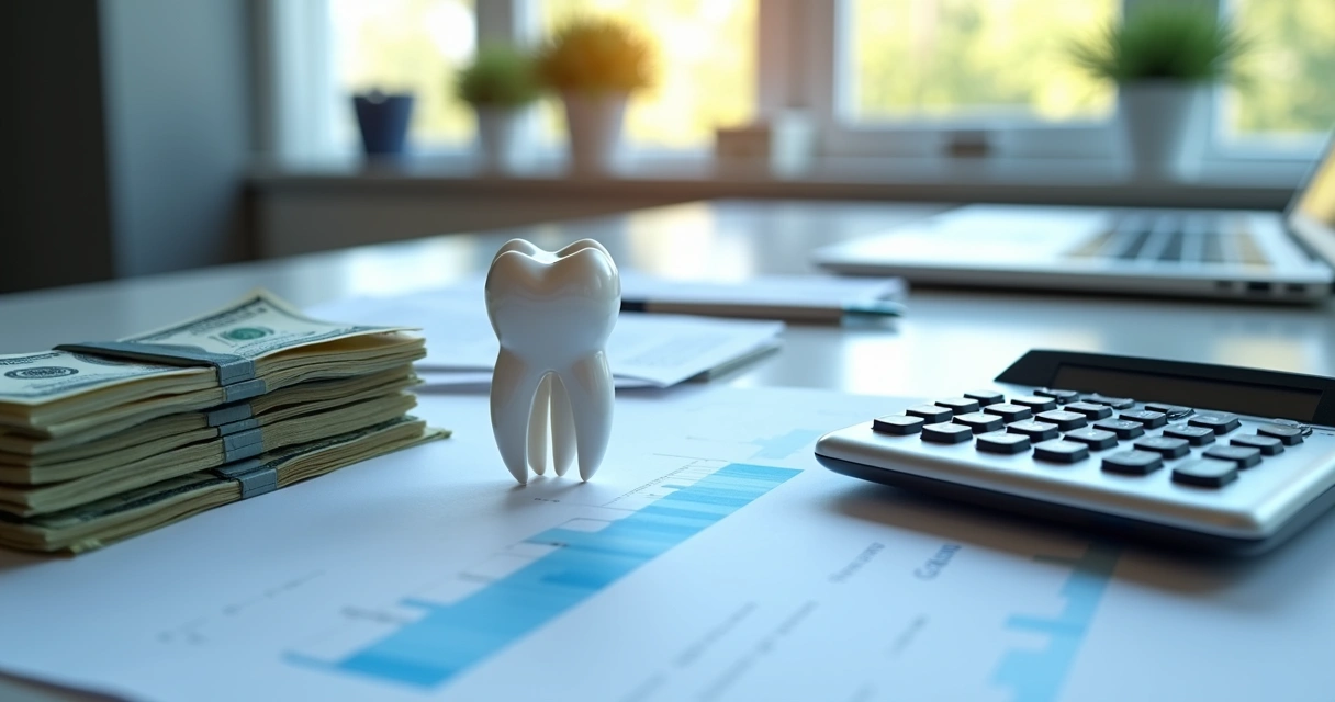 Notas de dinheiro, calculadora, gráfico de crescimento e implante dentário sobre mesa de escritório